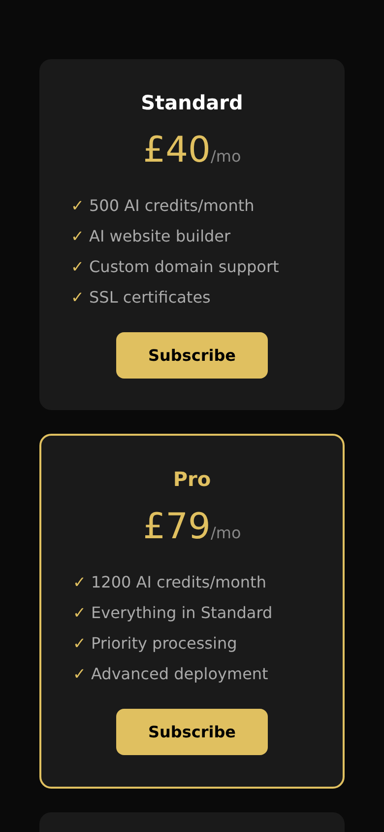 Pricing tiers screen